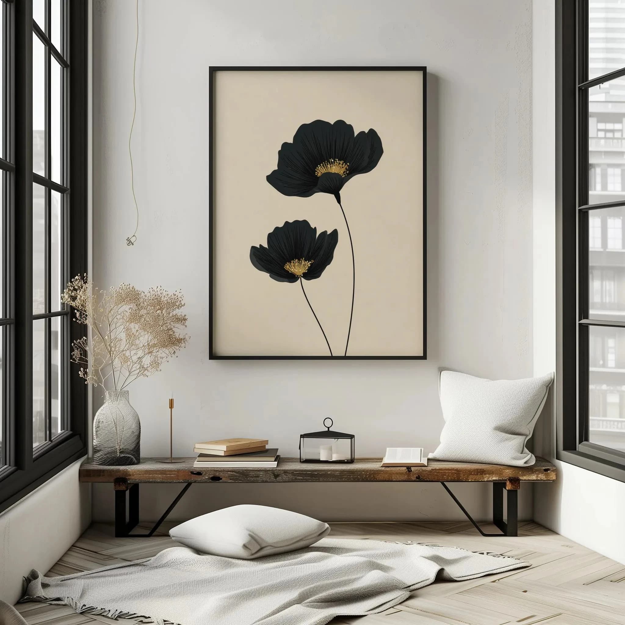 Black floral wall decor, minimalist abstract black floral print, neutral beige botanical decoration, modern floral wall decor