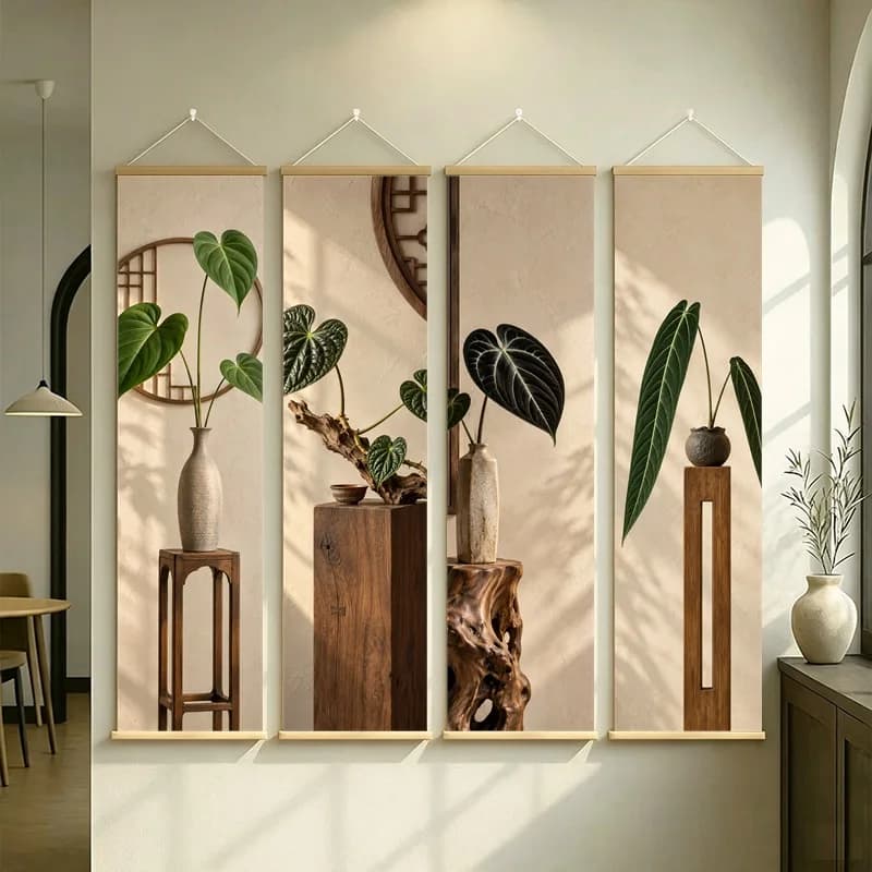 Wall Art Pendant Anthurium and Radicans Anthurium, Wabi-Sabi Silver Shimmer Canvas Hanging Scroll for Japandi Living Room