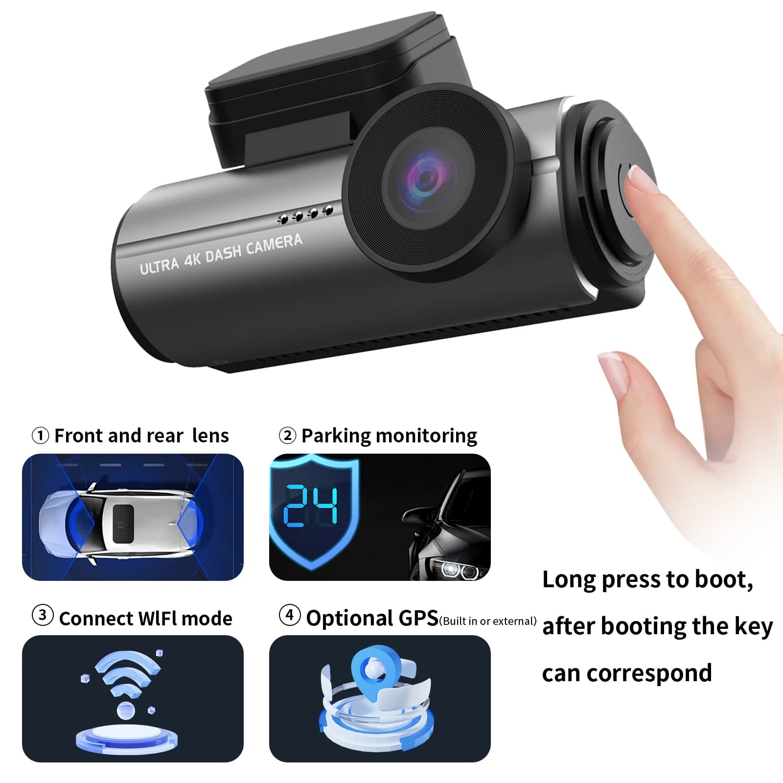 Custom Car Dash Camera 4K+1080P Front and Rear Built-in WiFi Night Vision 24 Hours Parking Monitor Gravity Sensor Dual Dashcam