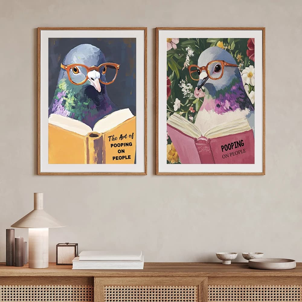 Humorous Pigeon Reading Pooping Bathroom Art Print Quirky Home Decor for Wall Funny Cheeky Animal Poster
