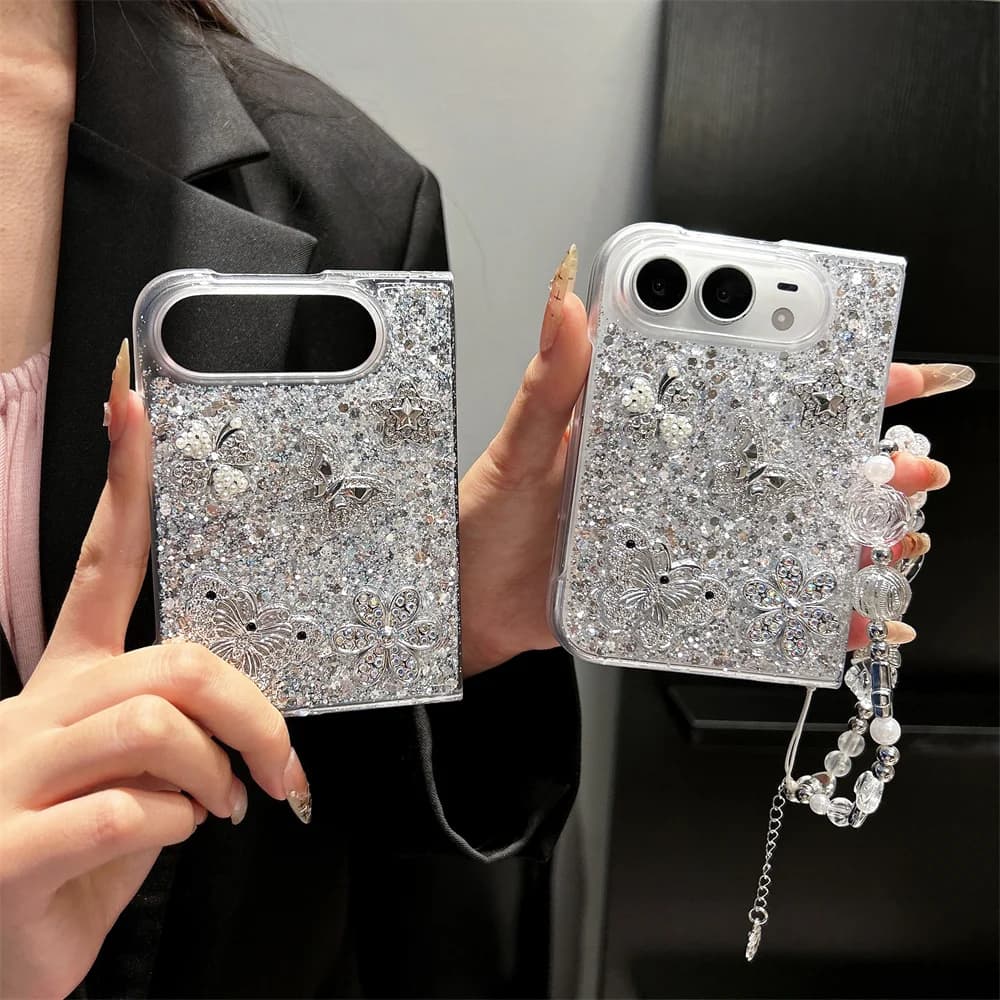 New Korea Ins Glitter 3D Butterfly Flower Phone Case For iPhone Duo Foldable Protective Cover Cute Cases Shockproof with Chain
