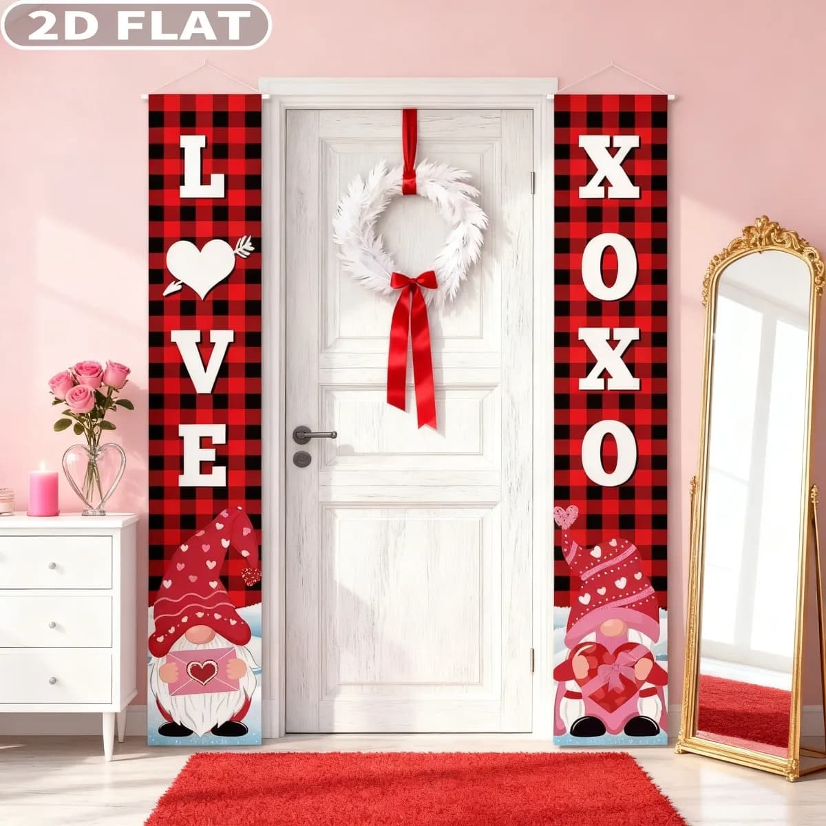 1pair Valentine Day Tapestries Hanging Banners with Hanging Rods and Ropes, 1x6 FT Porch Sign Decor, Durable Polyester Fabric