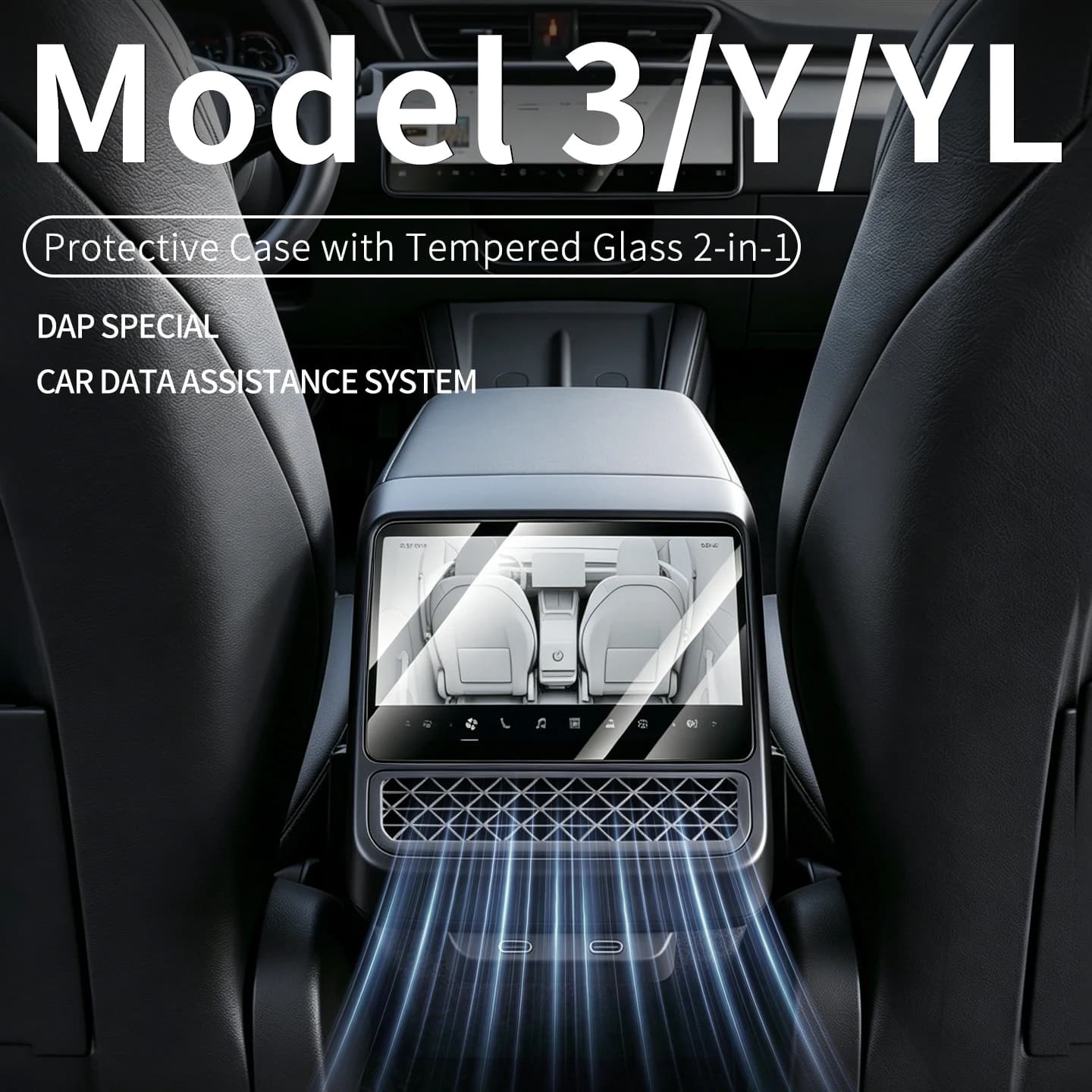 For Tesla Model 3 Highland Model Y/ YLJuniper Car Rear Center Console Air Outlet Cover+Tempered Glass Screen Protector Accessory