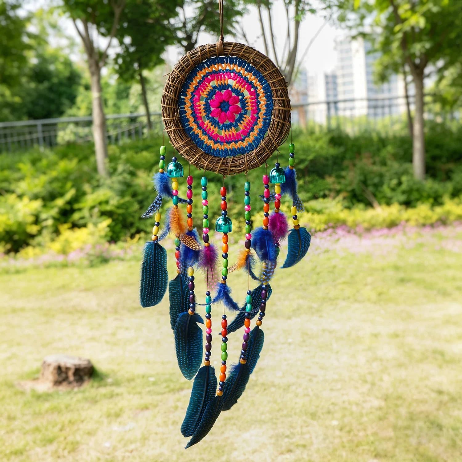Handmade Floral Dream Catcher Woven Wreath Gradient Blue Feather Wall Decor for Boho Home Aesthetic Room Decor Wind Chimes