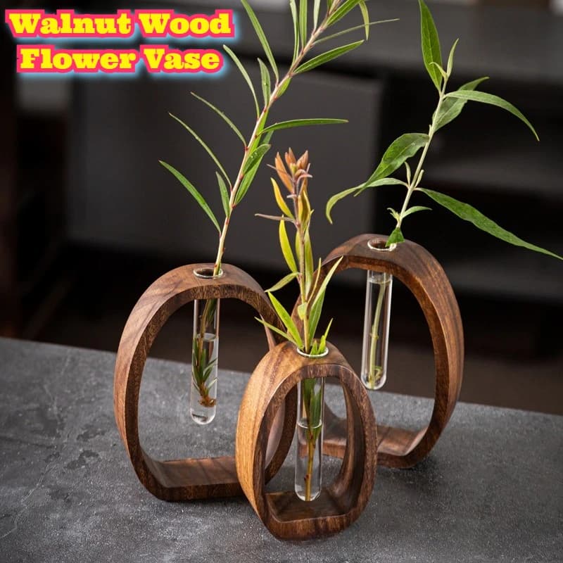 Walnut Flower Holder Vase Hydroponic Glass Test Tube Bud Kenzan Ikebana Floral Arrangement Japanese Style Home Decor Ornament