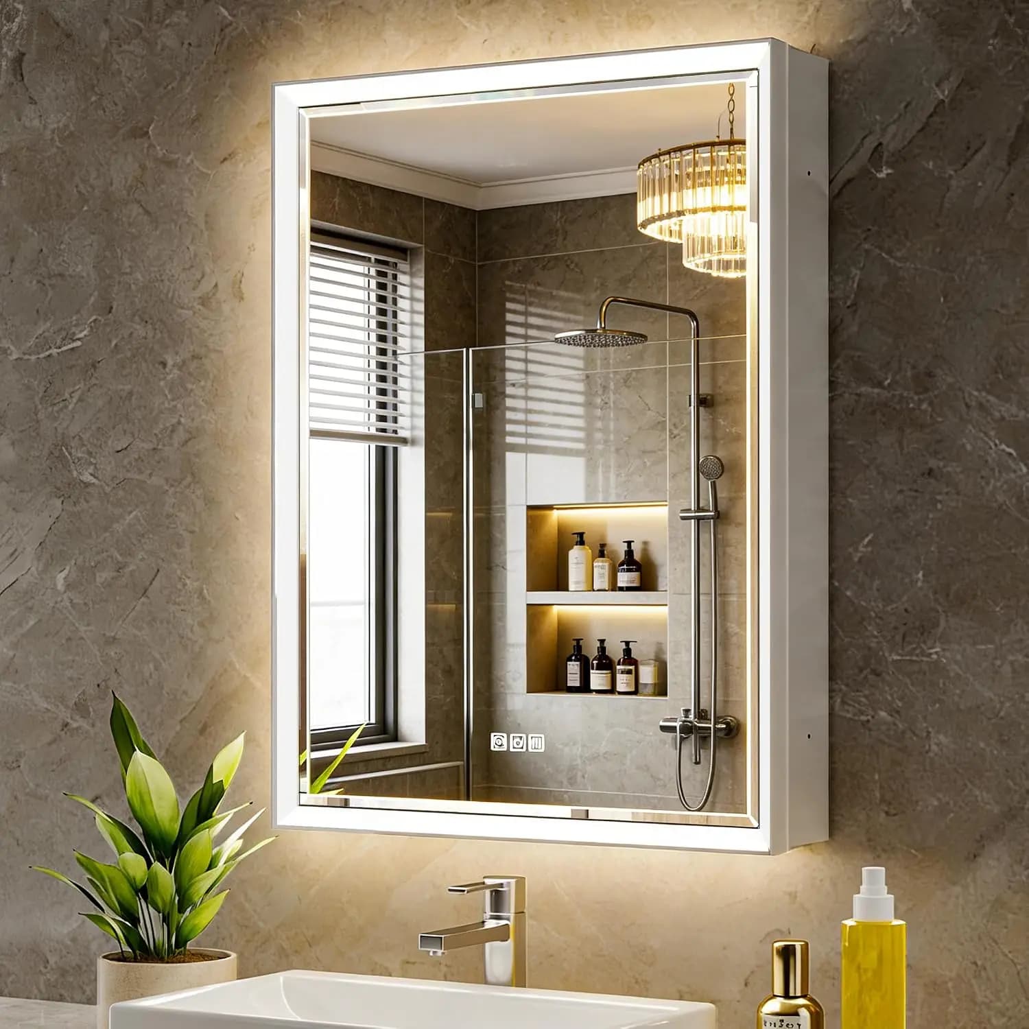 Beveled Lighted Medicine Cabinet with Mirror & Lights -24x32 Surface or Recessed Mirrored Medicine Cabinet with Outlet & Clock