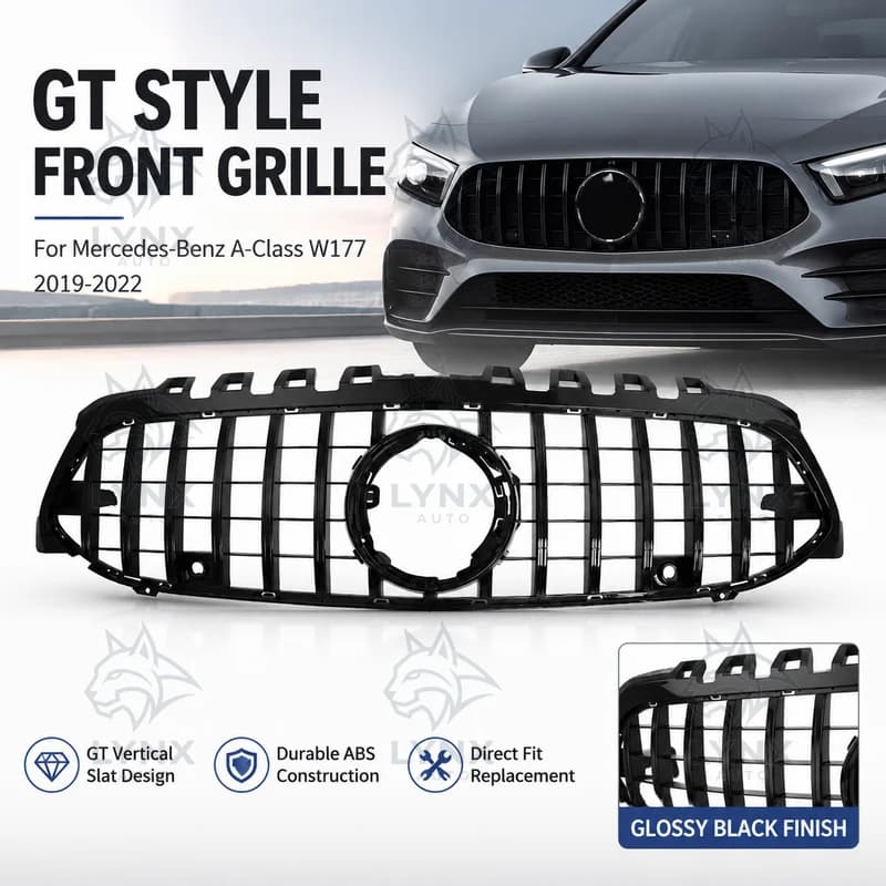For 2019-2022 Mercedes-Benz A-Class W177 GT Style Glossy Black Vertical Slats Front Grille Tuning Aftermarket Upgrade