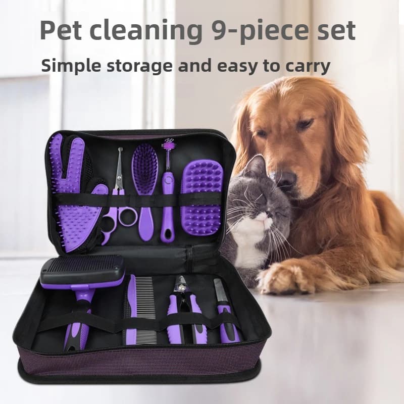 Pet Comb Beauty Cleaning 9-piece Set Cat Dog Scissors Needle Combs Nail Clippers Combs Gloves Pet Cleaning Supplies Accessories