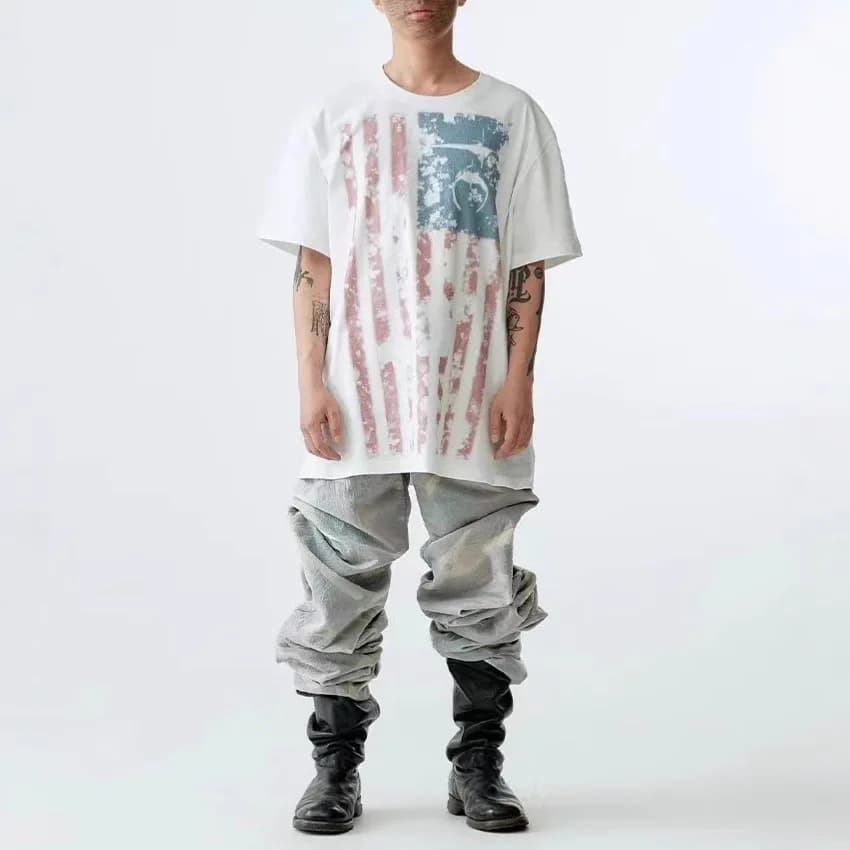 Thug Club Moon & Star Flag Embroidery Hand-painted Couple Male-Female Complementary Short-Sleeved T-Shirt Base Layer Shirt