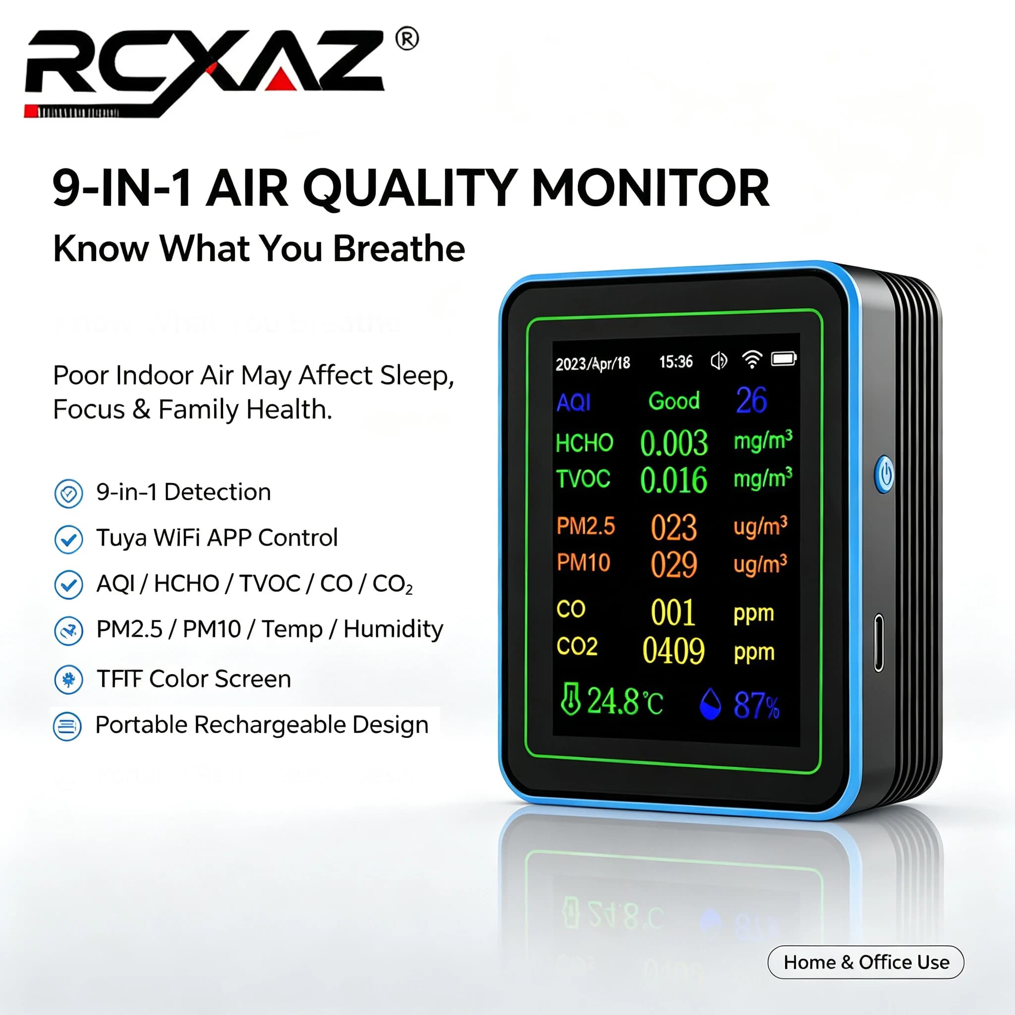 RCXAZ 12in1 WiFi Air Quality Monitor CO2 TVOC HCHO PM2.5 TFT Display Remote APP Control for Home Office School