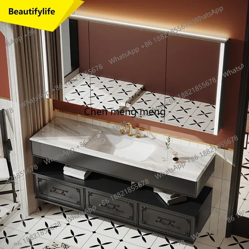 6239  French retro bathroom cabinet combination oak smart washbasin wash basin mirror cabinet integrated basin