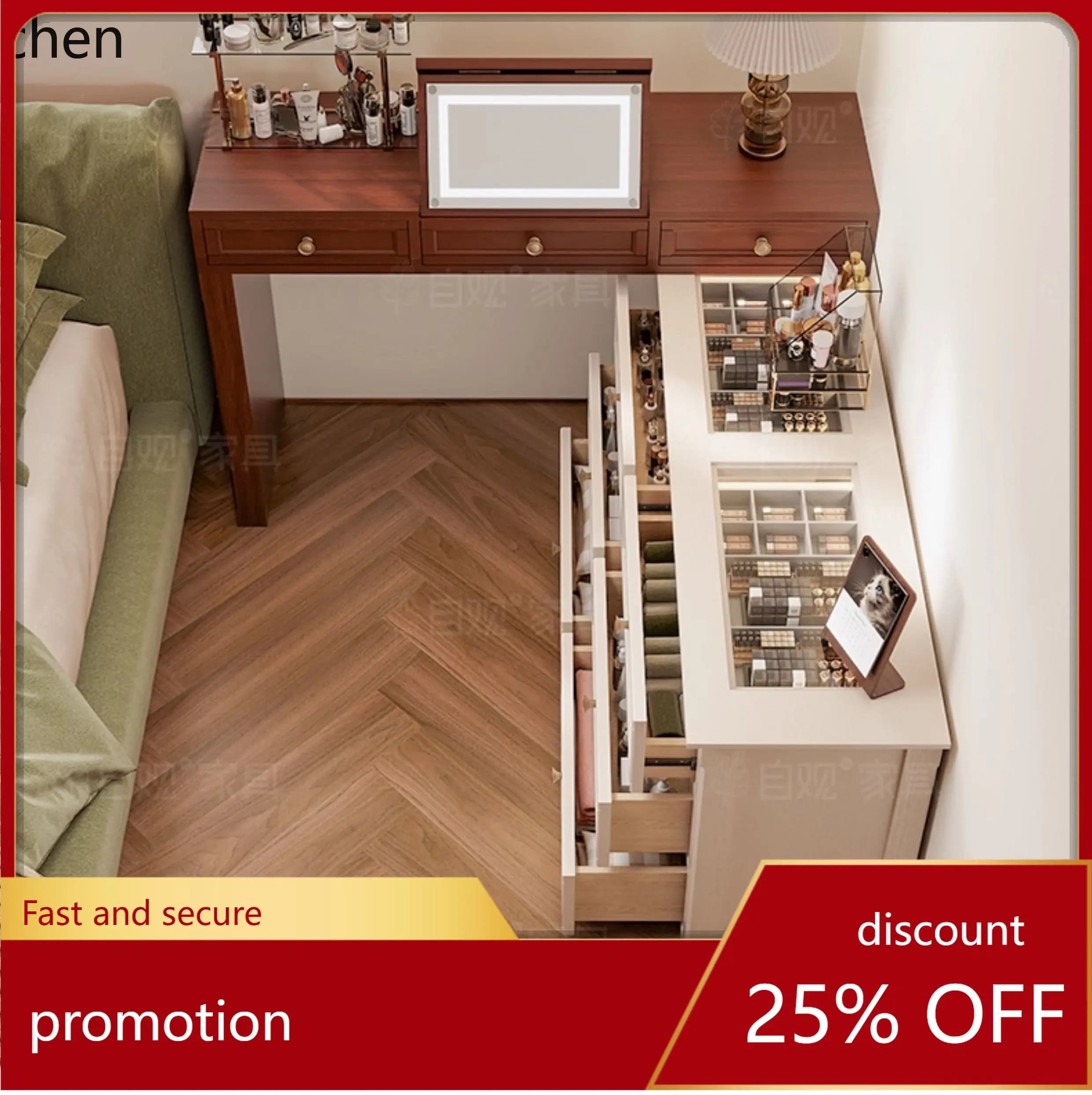 HT Vintage Style Solid Wood Dressing Table Bedroom Makeup Table with Chest of Drawers Integrated Semi-Enclosed Bedside Cabinet