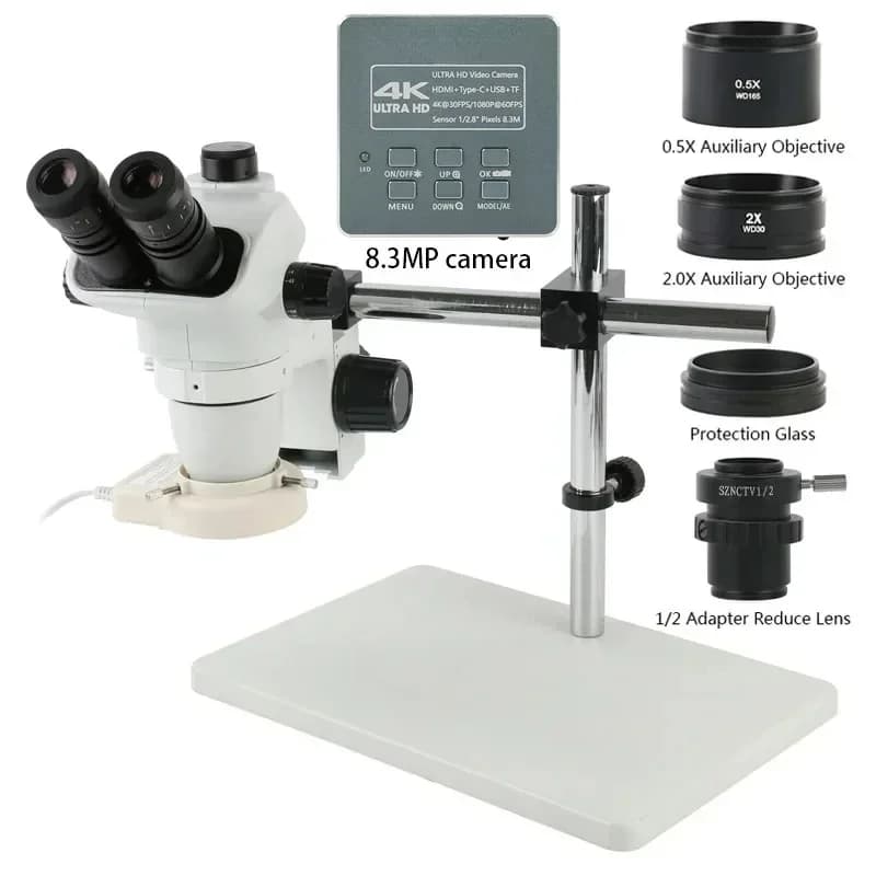 48MP 8.3MP 4K 1080P 60FPS HDMI USB Camera 3.35X 6.7X-45X 90X Simul-Focus Trinocular Stereo Microscope for Precision Inspection