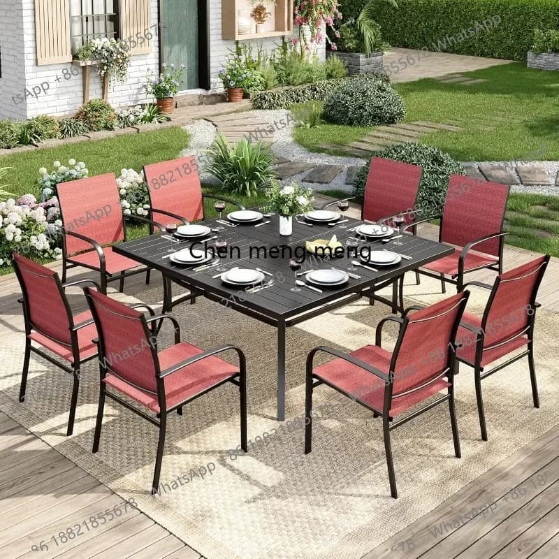 RR Pieces Patio Table and Chairs Set, Patio Dining Set for 8, 8 Brown Textilene Chairs and 1 Large Square Patio, Customized