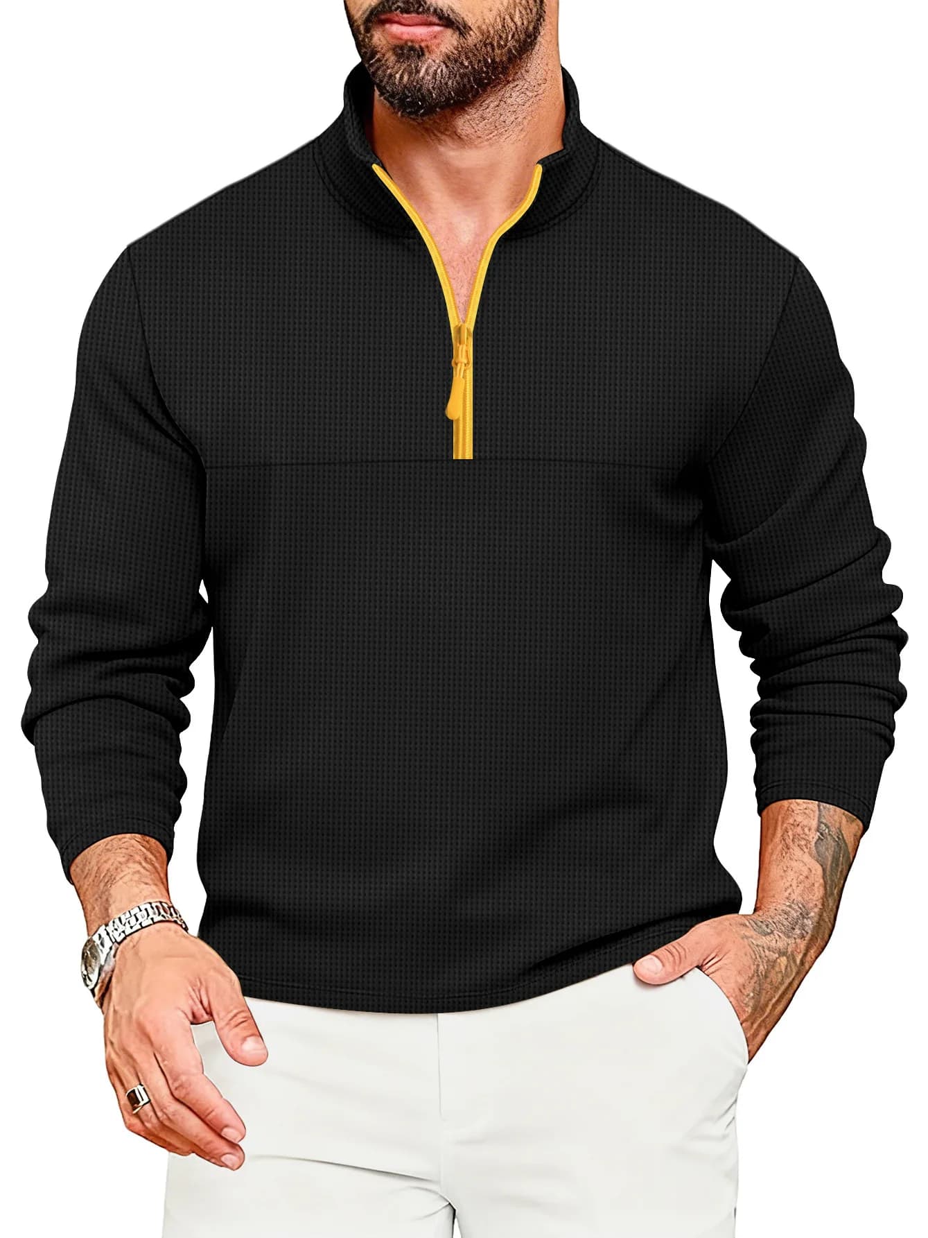 2025 New Patchwork Autumn winter fabric men's casual long sleeve solid color half zip stand collar T-shirt top men's pullover ﻿