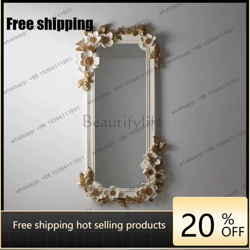 YJ French Retro Carved Fireplace Decor Mirror American European Wall Mount Dressing Full Length Mirror Premium Home Ornament