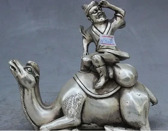 China Folk Silver Old Man Ride Camel llama Ship Of The Desert Animal Statue