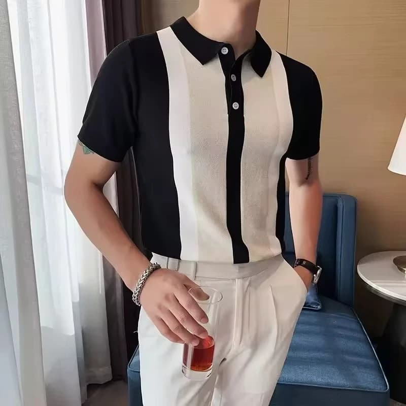 Men's Casual Business Polo Shirts New Fashion Color-coded Striped Trn-down Collar Short Sleeve T-shirts Male Summer Clothes Tops