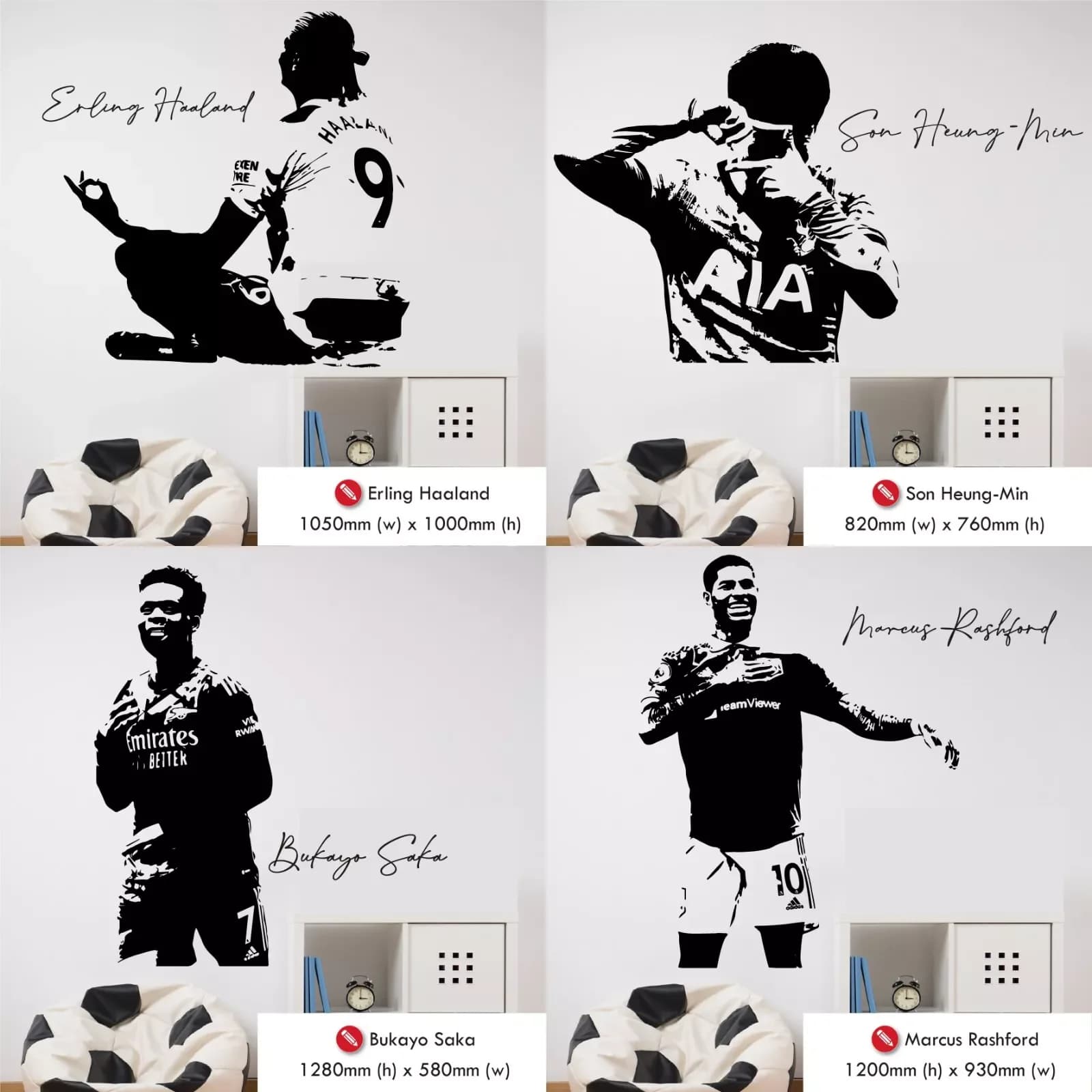 Haaland Son heung-min Bukayo Saka Marcus Rashford  football soccer   self-adhesive  removable Wall Sticker Art  Decal    Decor