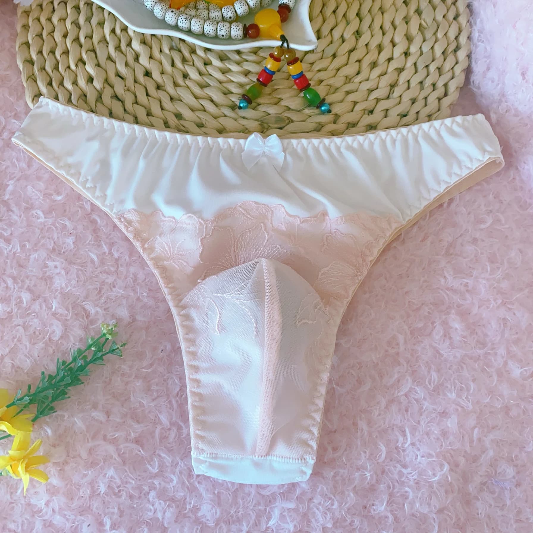 Pink Man's Lace Bowtie Briefs U Convex Pouch G-string Low Waist Thong Sissy Soft Silky Panty DJ Club Bar BF Gift LGBQ Panties
