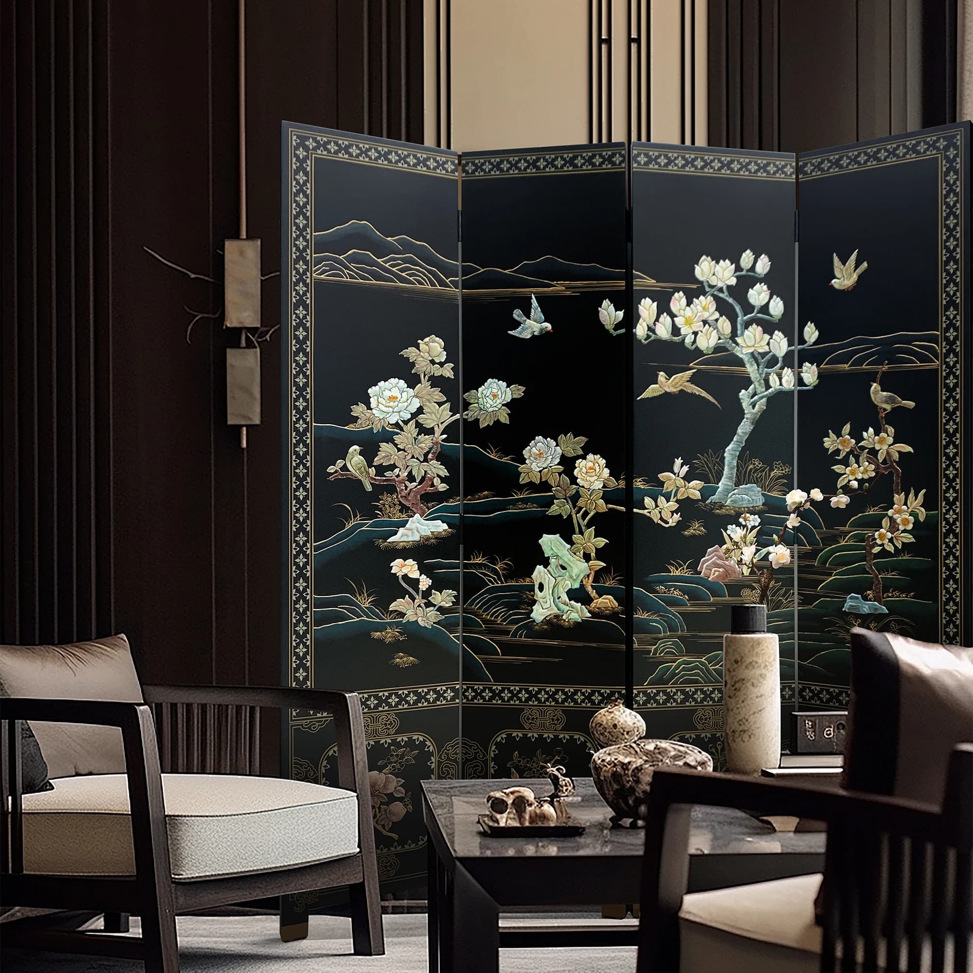 ！@Medieval Birds Flowers Decorative Wood Partition for Living Room Traditional Screen Room Divider Furniture Black Background