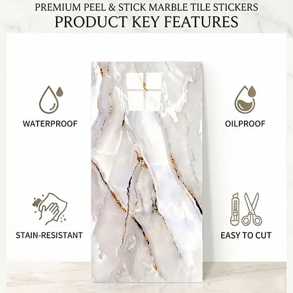 Marble Wall Stickers Waterproof PET Thick Tile Stickers Peel and Stick for Bedroom Bathroom Living Room Home Room Decoration