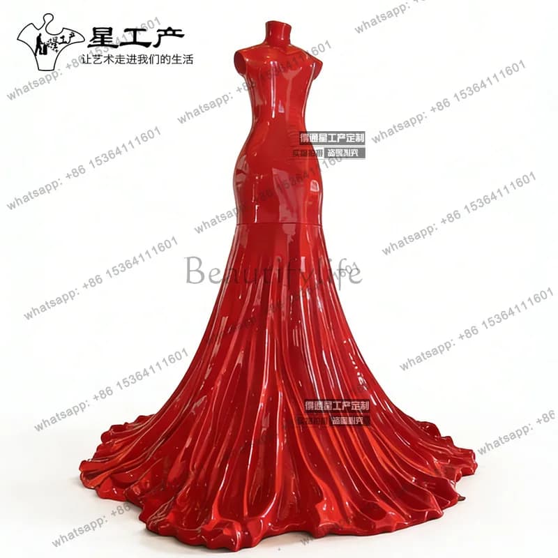 Shopping mall red dress fiberglass resin art sculpture dress clock in ornament