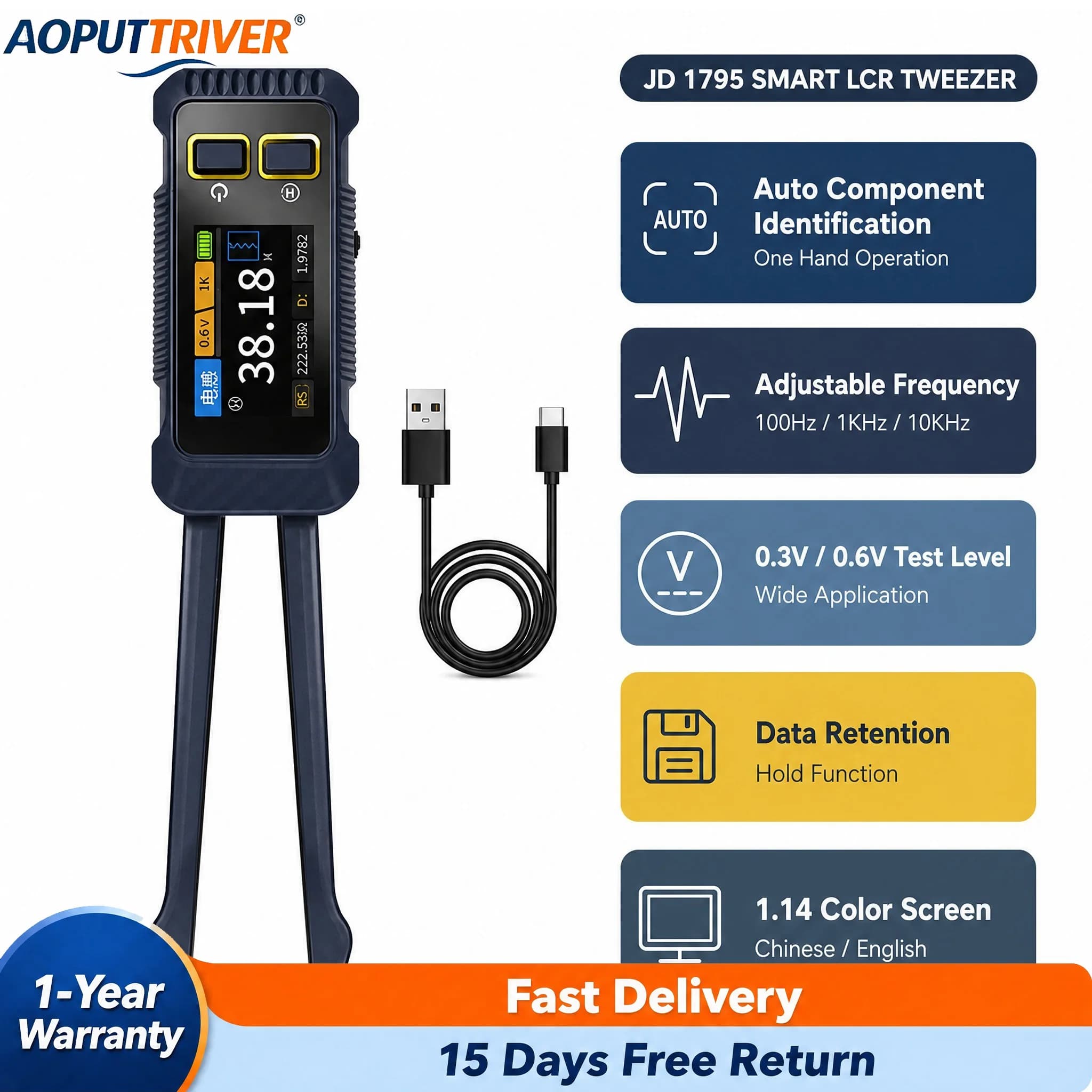 JD 1795 Smart SMD LCR Bridge Tweezer Meter 100Hz-10kHz ESR Tester for Capacitor Inductor Resistance Diode Circuit Debugging Tool
