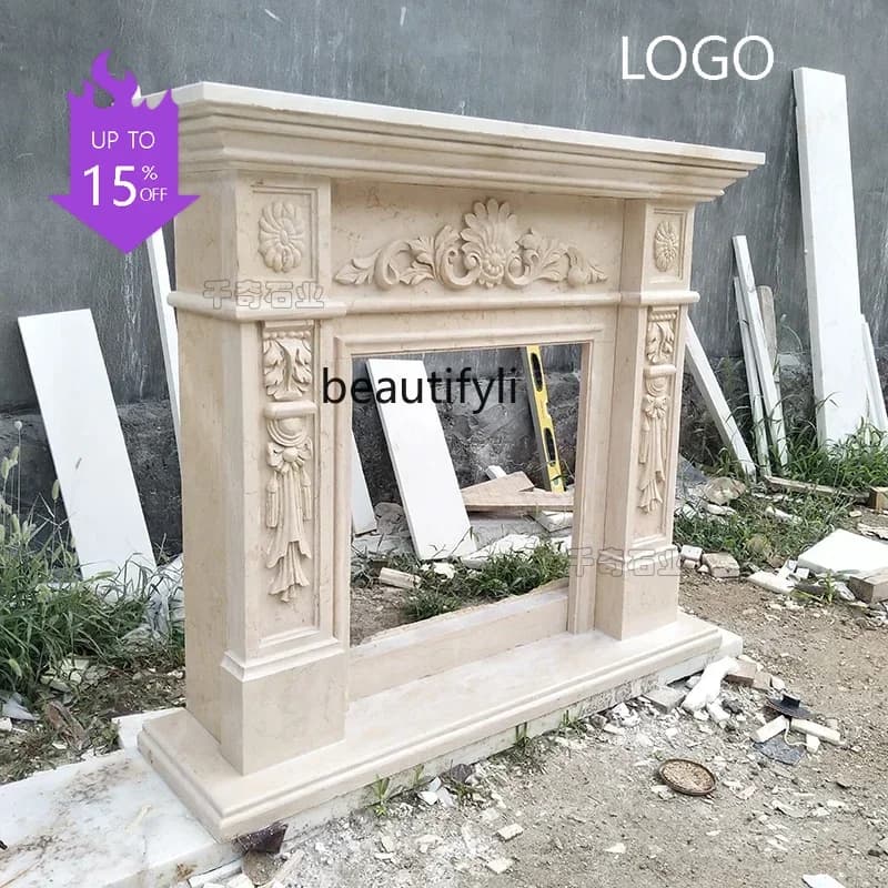 P Marble mantel TV background wall decoration American carved ornament stone carving fireplace