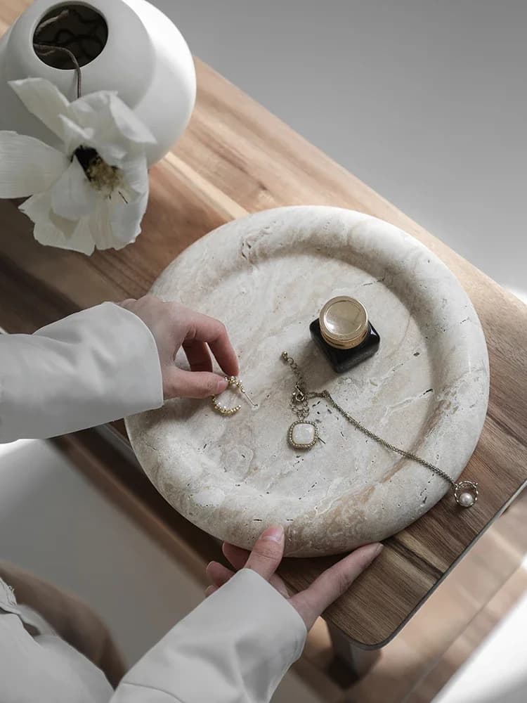 Trending Beige Travertine Serving Tray Home Decor Vintage Bathroom Vanity Tray Decorative Round Jewelry Plate