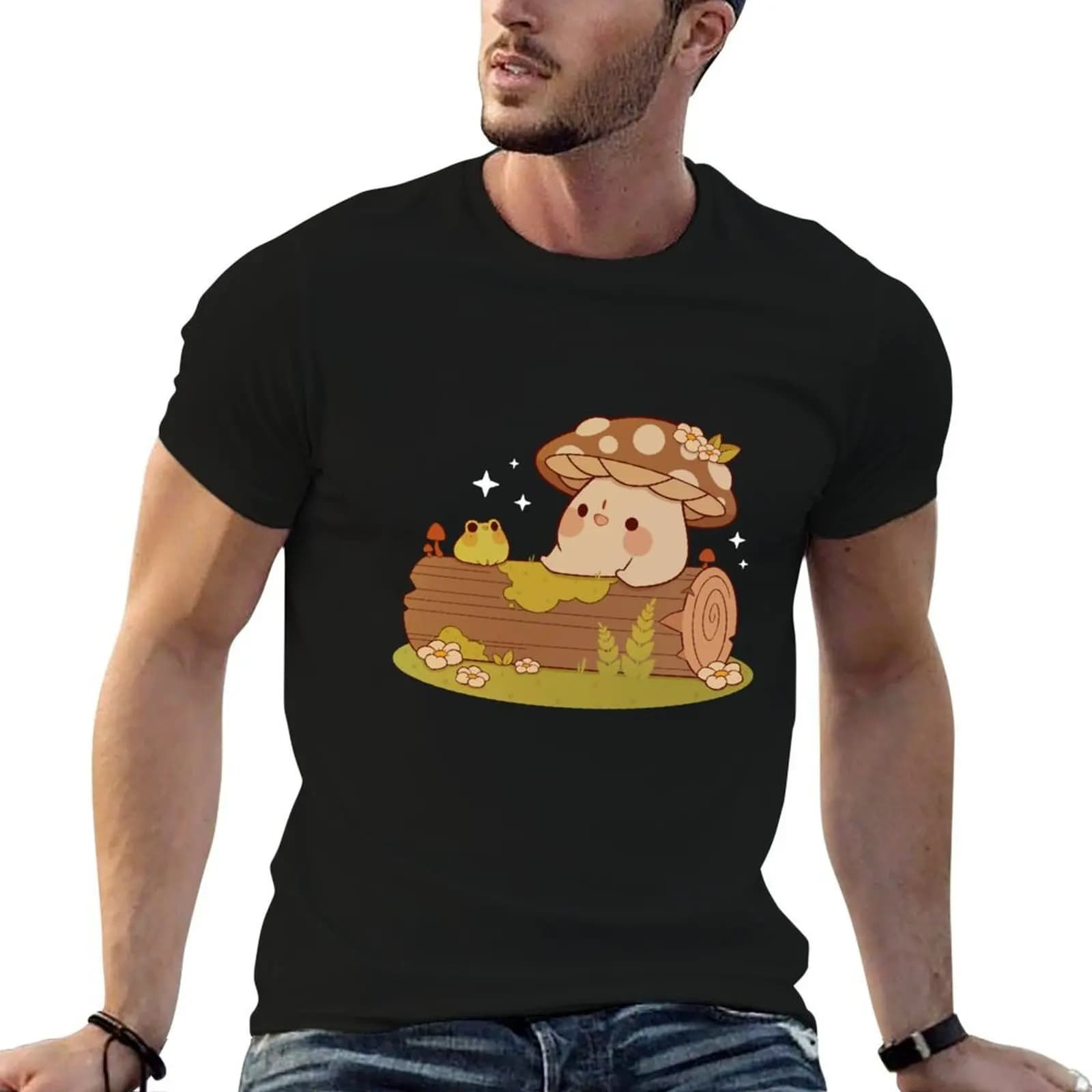 Mushroom and frog friends T-Shirt tops summer tops black t shirts for men