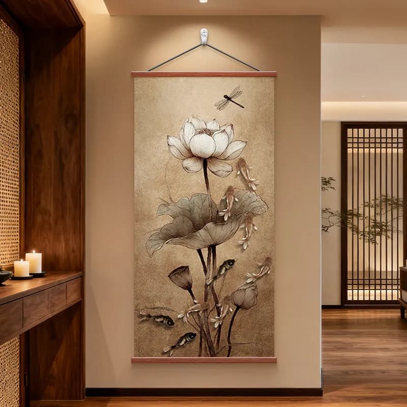 Wall Art Nine Koi Fish and White Lotus Blooms Song Inspired Pearlescent Canvas Hanging Scroll with Wooden Rods for Tea Room