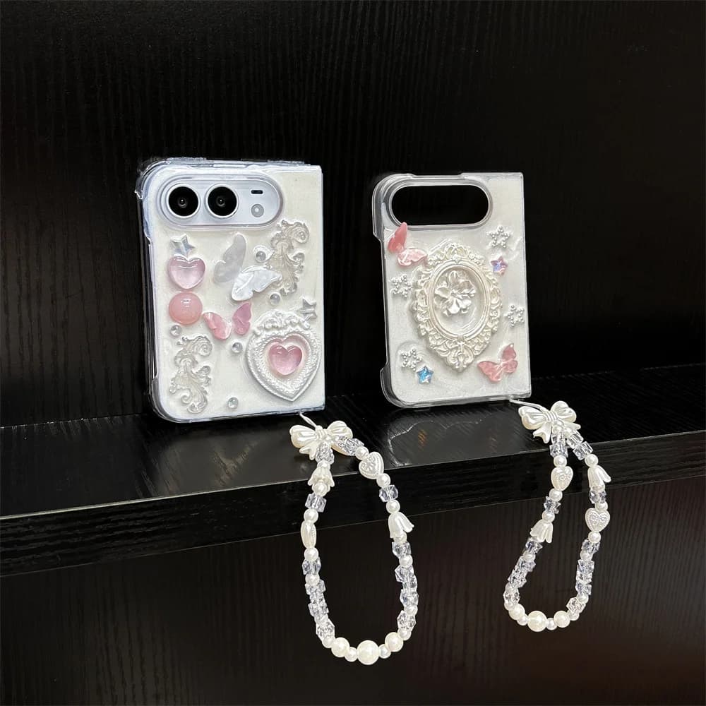 New Korea Ins Cartoon Glued butterfly Phone Case For iPhone Duo Foldable Protective Cover Cute Love Cases Shockproof with Chain