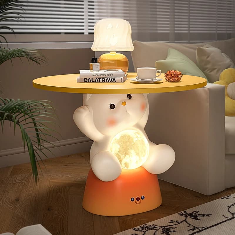 Artistic Cat-Shaped Side Table Cream Sofa Corner End Table with LED Lighting Large-Capacity Storage Room Decorative