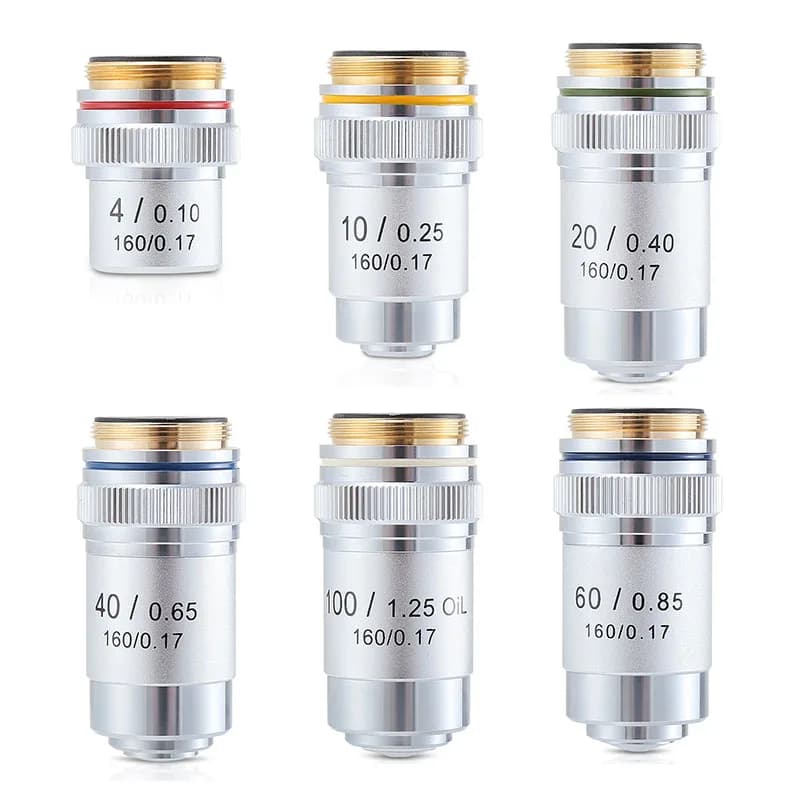 4X 10X 20X 40X 60X 100X Oil Achromatic Objective Lens RMS Thread 160mm Tube Length 195mm Conjugate Distance