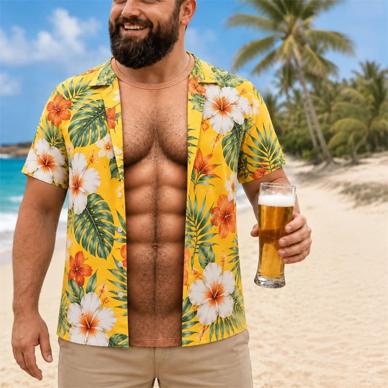 Funny 3D Print Muscle Belly Graphic T Shirt Men Hawaii Floral Leaf Pattern Casual Summer Short Sleeve Tops Beach Trip Pool Party