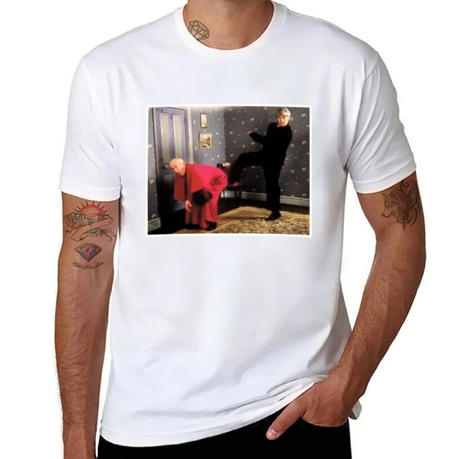 Father Ted - Framed Picture of Bishop Brennan Being Kicked up the Arse T-Shirt cotton t shirts high quality T-Shirt