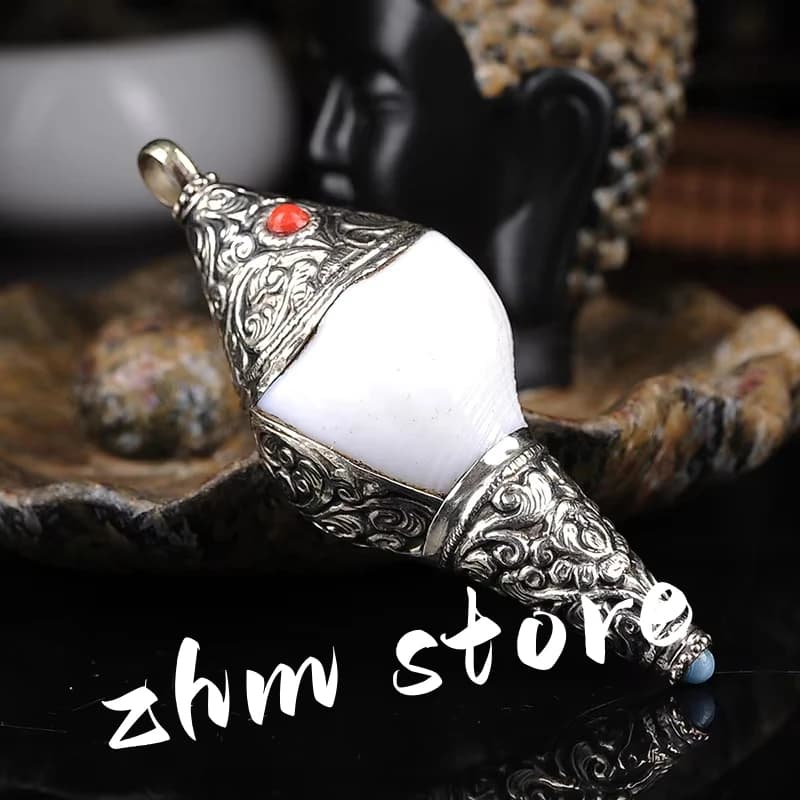 7.8*2.5cm Buddhist Suppliers Tibetan Nepal Handmade Eight Ausplicious Offerings Big Pearls Lucky Tailsman Conch Pendant