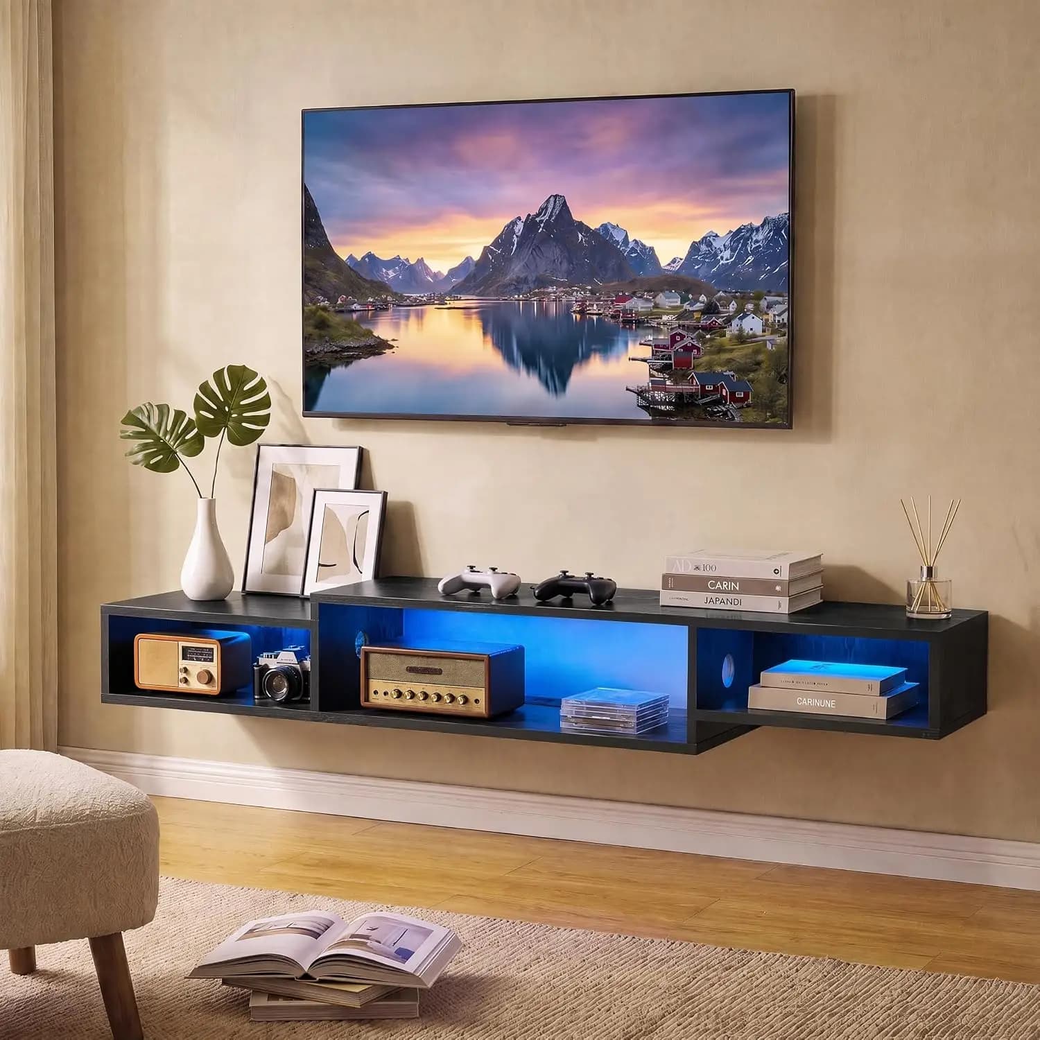 59 Inch Floating TV Stand with LED Light & Power Outlet, Black