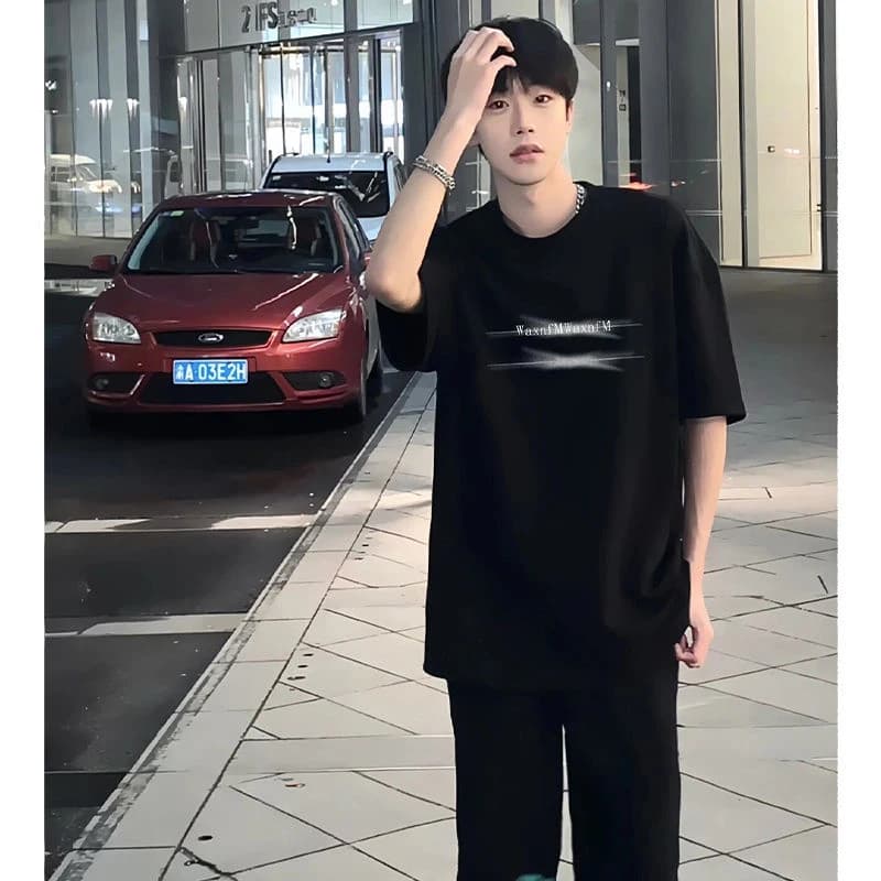 Summer Letter Print Men O Neck Short Sleeve T Shirt Highstreet Personality Hip Hop Fashion Simple Loose Clothing Black Navy Blue