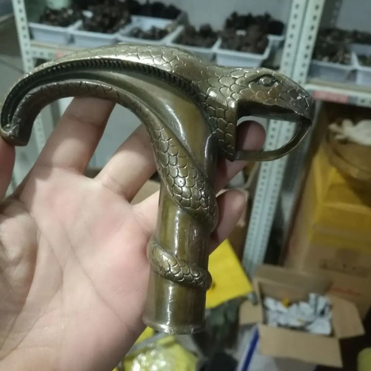 Pure copper, cobra, statue old bronze hand-carved cane, cane head, antique, inner diameter 22mm
