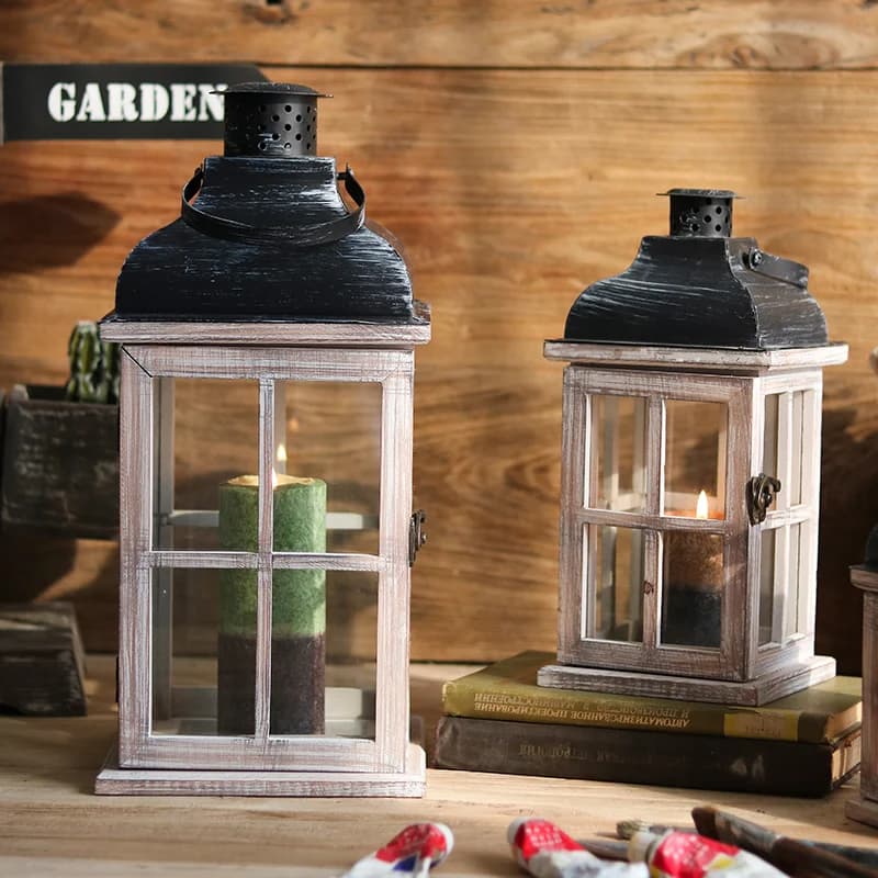 Glass Wind Lamp Wood Lantern Candlestick Small Lantern Grocery Decoration Decoration Handicrafts Nursery