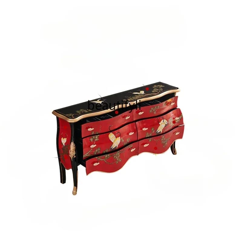 xzzS Retro Chinese Style Hand-Painted Solid Wood French Style Living Room Entrance Hallway Decorative Door Hall Side Cabinet