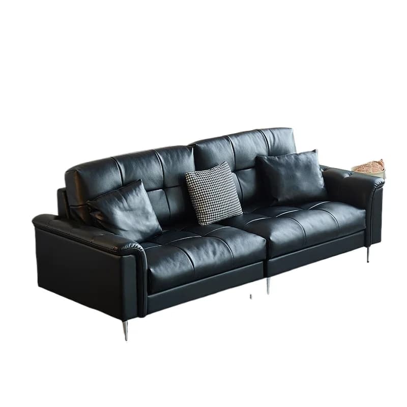 CX Vintage French Sofa Black Cloud Straight Row Leather Sofa Living Room Small Single Room