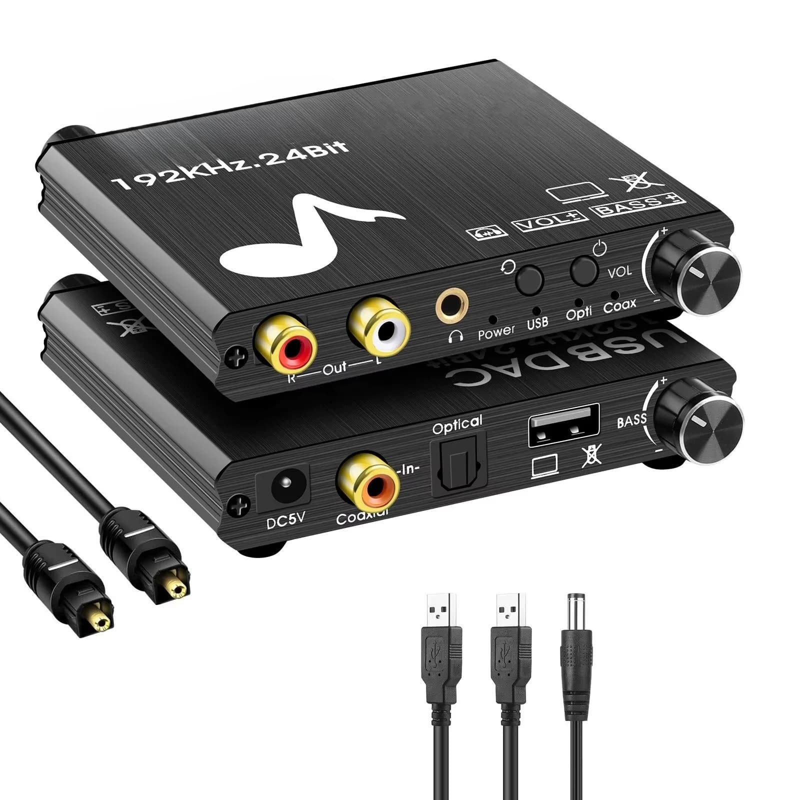 USB DAC 192KHz Digital to Analog   o Converter Bass Volume Control SPDIF Optical Toslink Coaxial Analog Output for Laptop Use