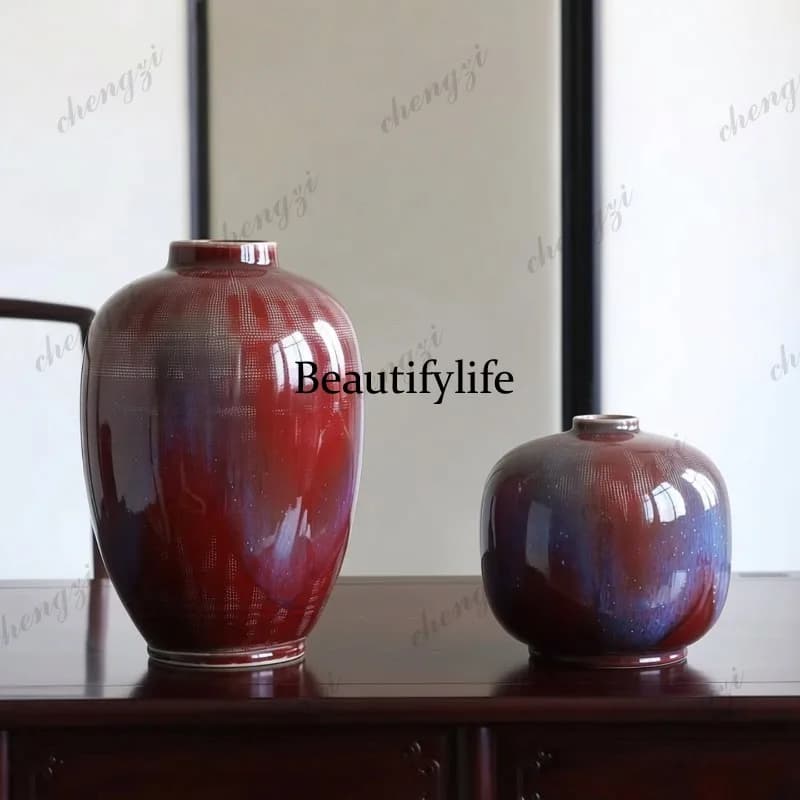 New Chinese Zen, red glaze vase, small mouth flower ware, home living room, tea room soft decoration ornament
