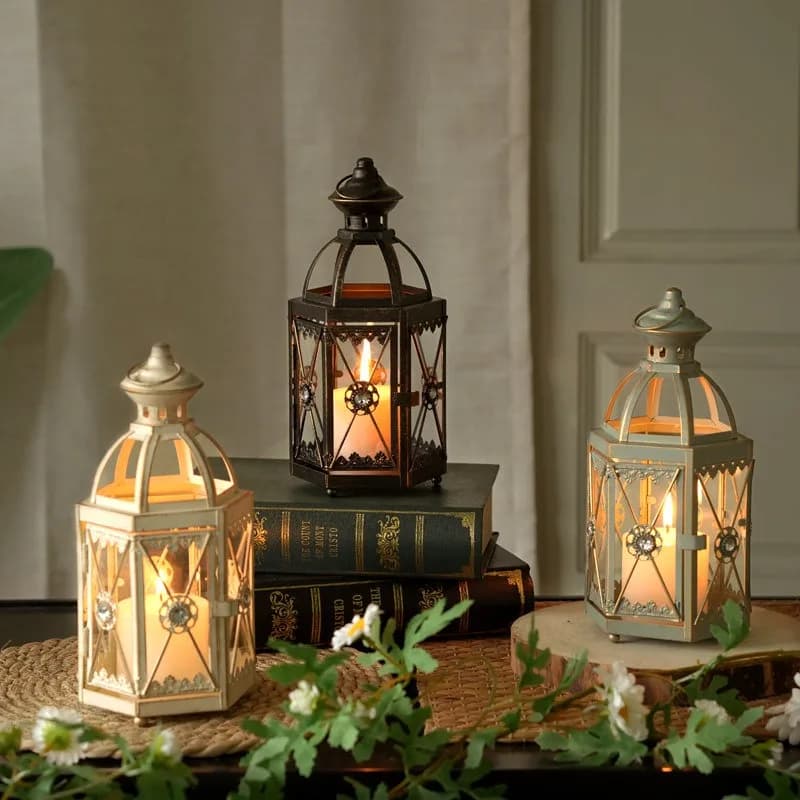 European Candle Holder Desktop Retro Wrought Iron Wind Lamp Ornament Outdoor Camping Light Candlestick Windproof Decorative