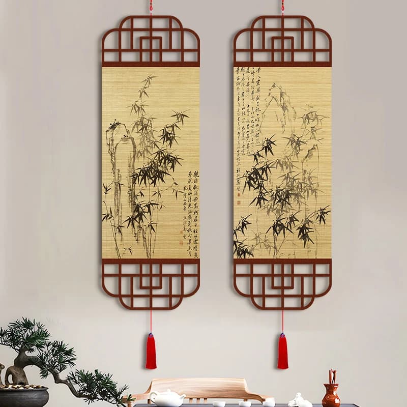 Zheng Banqiao Chinese Ink Bamboo Stone Wall Art, Hollow Carved Scroll Painting for Living Room Entryway Tea Room Hallway Decor