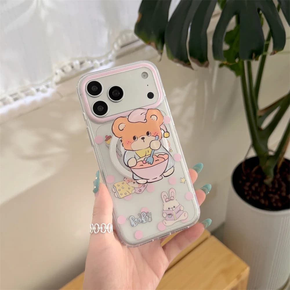 Kawaii Pastel Animal Sticker Print Magnetic Phone Case For iPhone 15 16 17 ProMax Pink Polka Dot With Magsafe Cartoon Bear