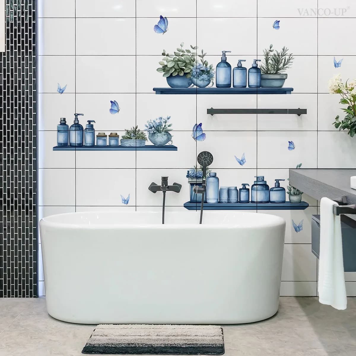 Blue Tone Bathroom Shelf Decals - Removable Storage Stickers for Spa-style Home & Shop Decor